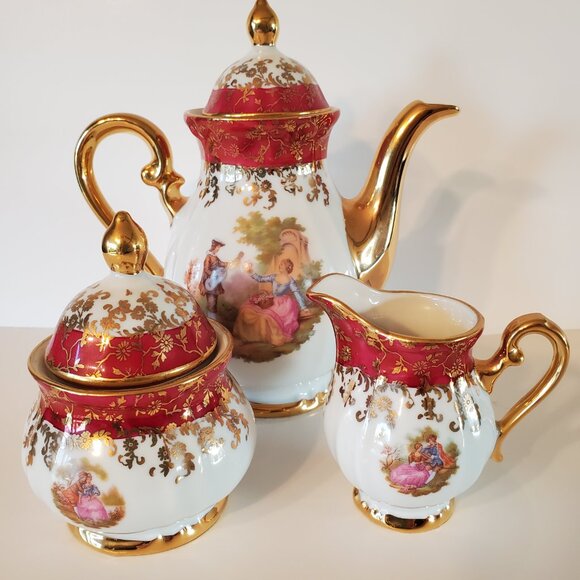 Beautiful H K Bavarian Germany Handarbeit 22 Karat Gold And Burgundy Tea Set - Picture 3 of 16